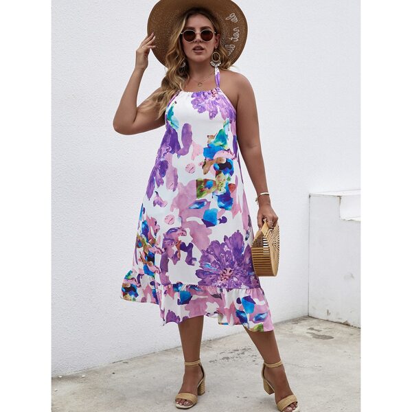 

Plus Floral Print Backless Halter Dress, Multicolor