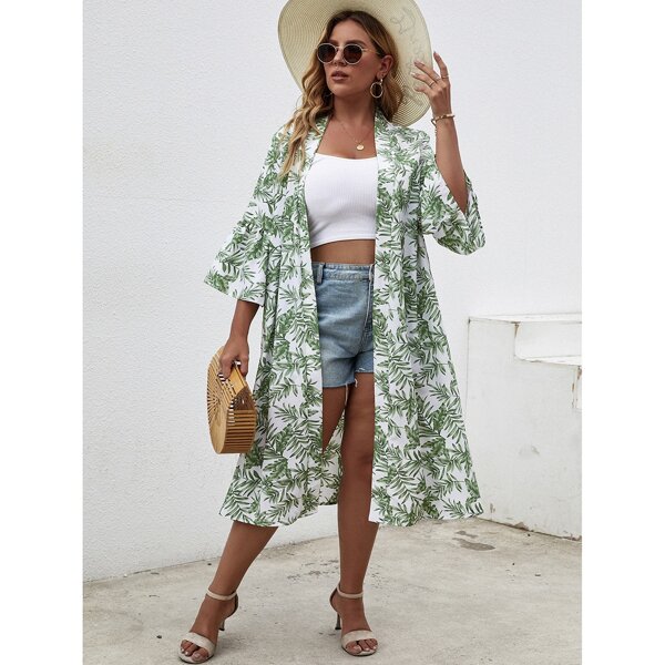 

Plus Plant Print Open Front Kimono, Green