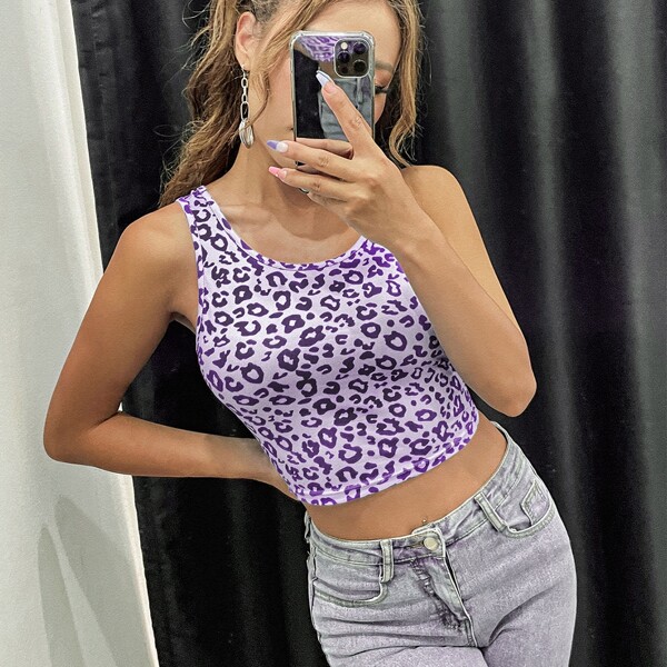 

Leopard Crop Tank Top, Baby blue