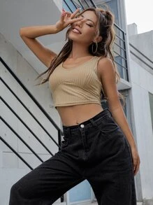 SHEIN Unity 大圓領羅紋針織背心短版上衣 - 卡其色 - 查看 3