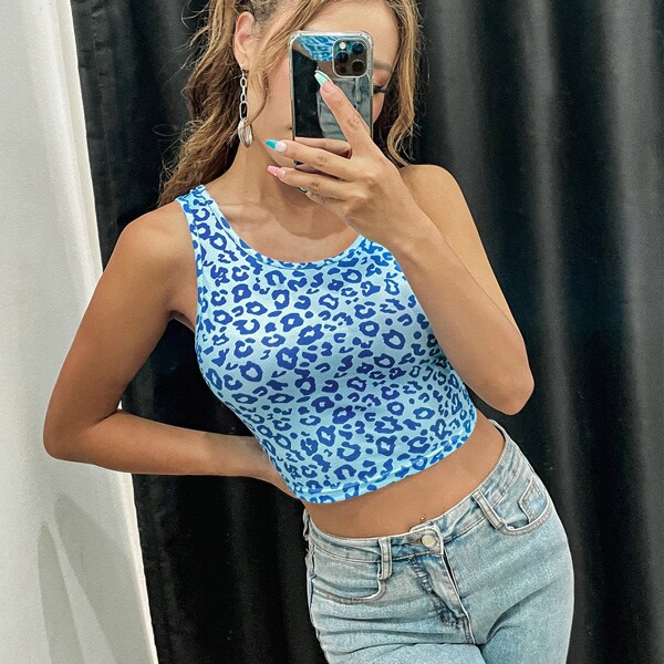 

Leopard Crop Tank Top, Blue