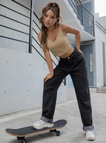 SHEIN Unity 大圓領羅紋針織背心短版上衣 - 卡其色 - 查看 4