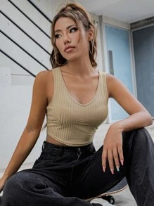 SHEIN Unity 大圓領羅紋針織背心短版上衣 - 卡其色 - 查看 6