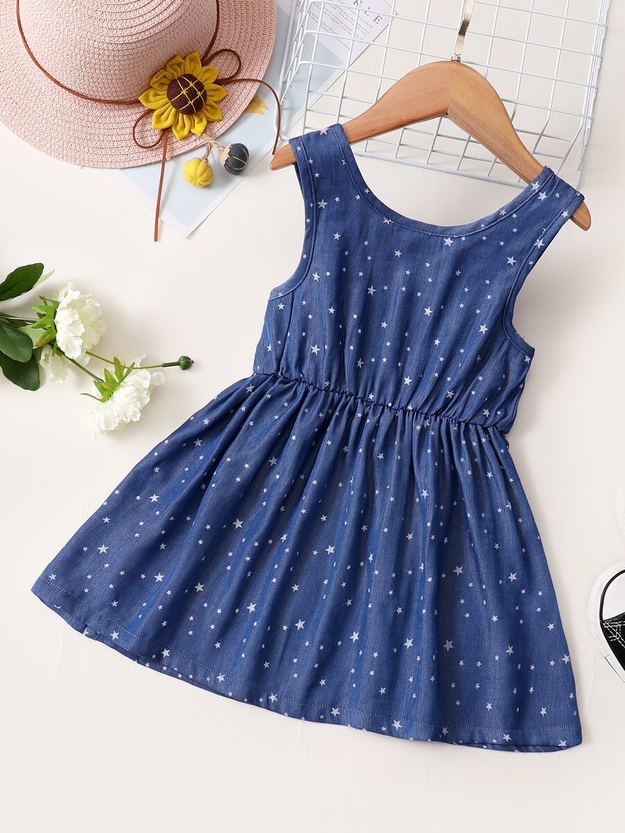 Toddler Girls Allover Star Bow Back Denim Dress - Dark Wash - View 1