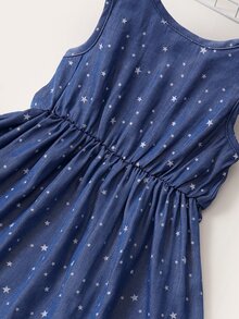Toddler Girls Allover Star Bow Back Denim Dress - Dark Wash - View 3