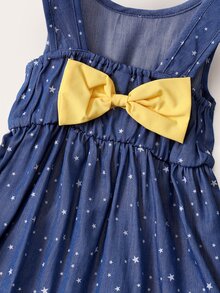 Toddler Girls Allover Star Bow Back Denim Dress - Dark Wash - View 5