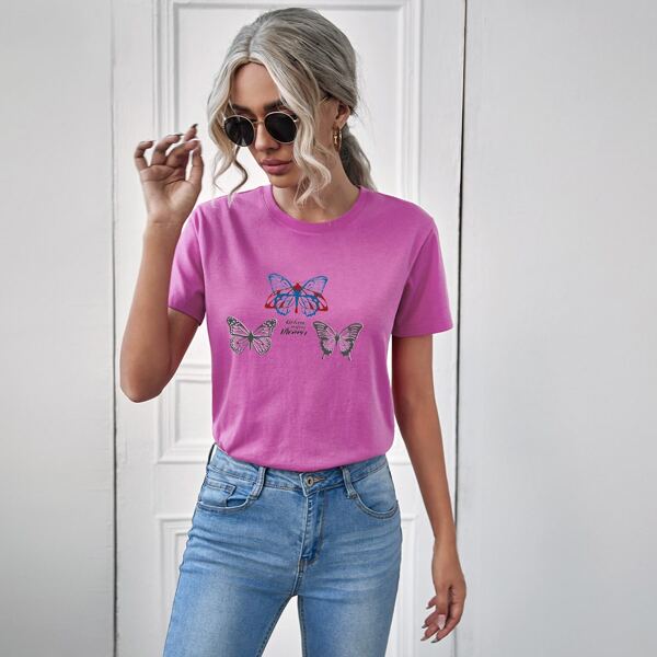 

Butterfly & Slogan Graphic Tee, Purple