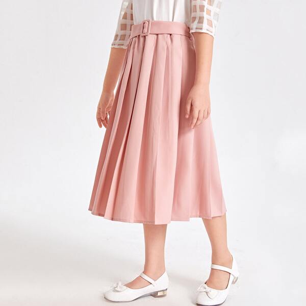 

Girls Belted Pleated Hem Skirt, Coral pink