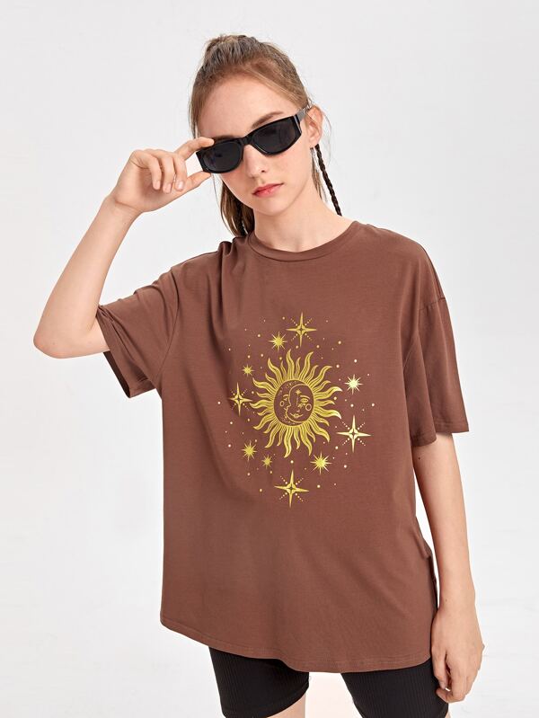 SHEIN Teen Girls Sun Print Drop Shoulder Tee