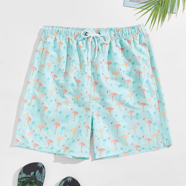

Men Flamingo Print Drawstring Waist Swim Trunks, Mint blue