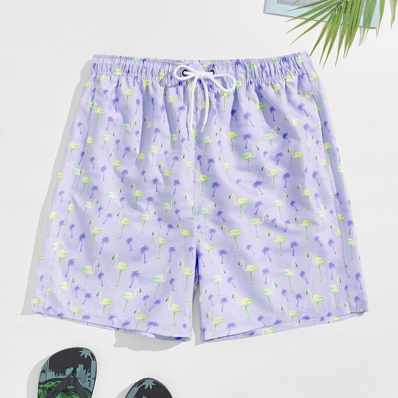 

Guys Flamingo Print Drawstring Waist Swim Trunks, Lilac purple