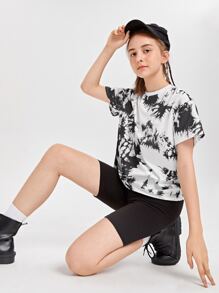 SHEIN Teen Girls Drop Shoulder Tie Dye Tee - Black and White - View 1