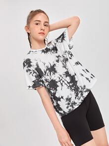 SHEIN Teen Girls Drop Shoulder Tie Dye Tee - Black and White - View 3