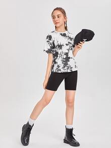 SHEIN Teen Girls Drop Shoulder Tie Dye Tee - Black and White - View 4