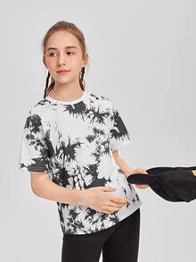 SHEIN Teen Girls Drop Shoulder Tie Dye Tee - Black and White - View 5
