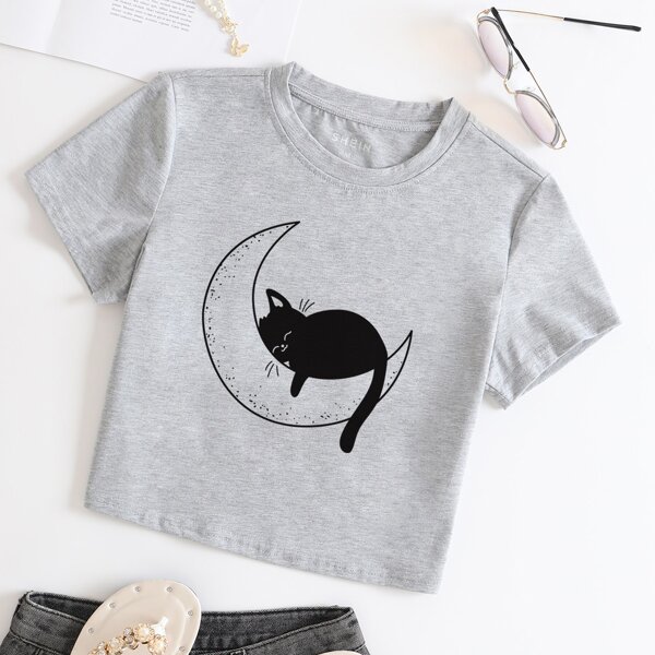 

Cat & Moon Print Tee, Light grey