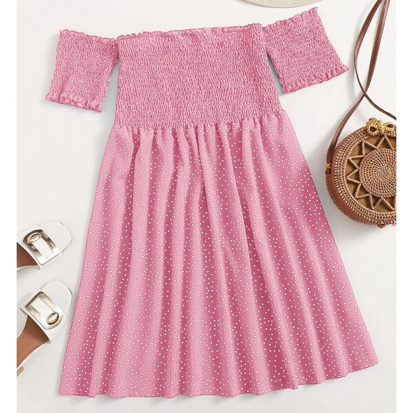 

Plus Polka Dot Frill Trim Shirred Bardot Dress, Baby pink