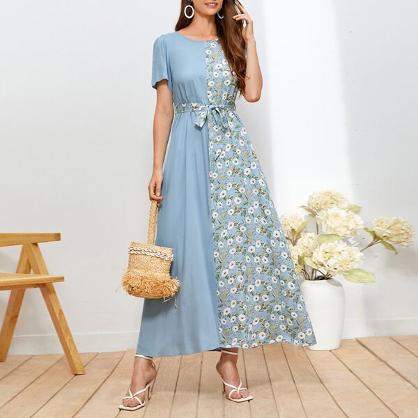 

Floral Print Spliced Belted Dress, Blue