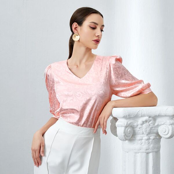 

Puff Sleeve Jacquard Blouse, Baby pink