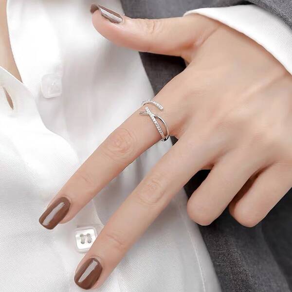 

Zircon Decor Cuff Ring, Silver