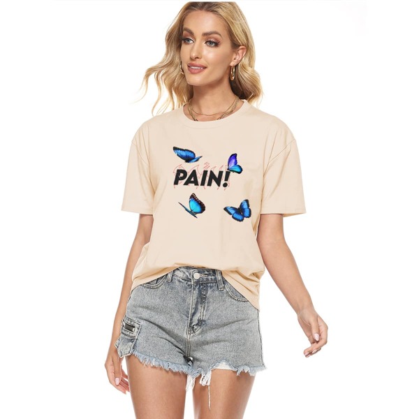 

Letter & Butterfly Print Drop Shoulder Tee, Apricot
