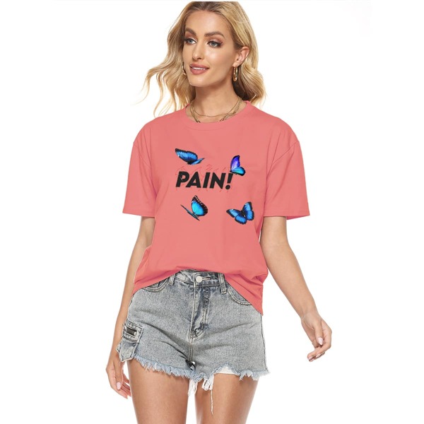 

Letter & Butterfly Print Drop Shoulder Tee, Coral pink