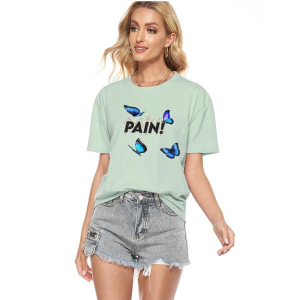 

Letter & Butterfly Print Drop Shoulder Tee, Mint green