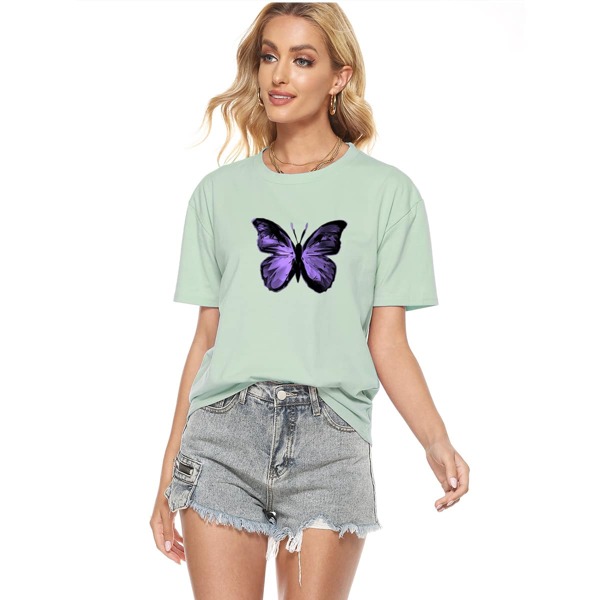 

Butterfly Print Drop Shoulder Tee, Mint green
