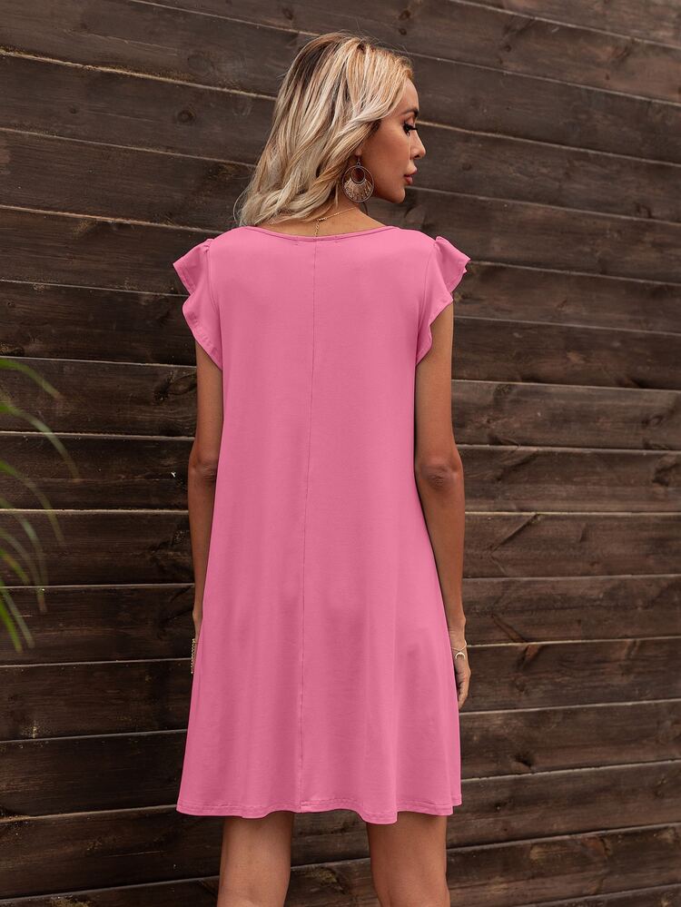 Ruffle Armhole Solid Dress - Pink - View 2