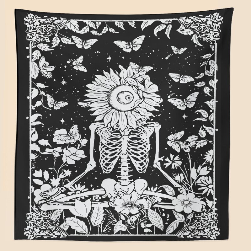

Flower & Skull Print Tapestry, Black and white
