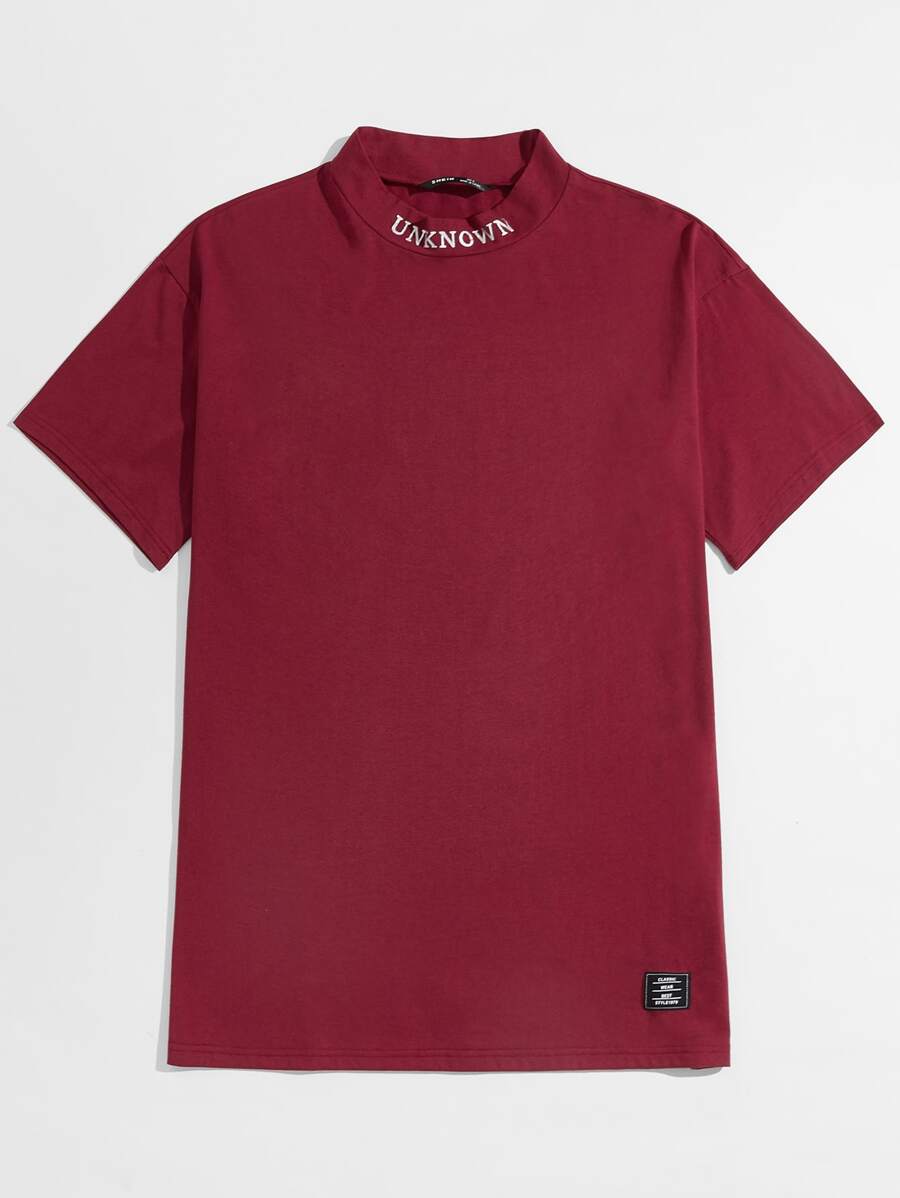 GENTILAND Men Embroidery Letter Patched Detail Mock Neck Top - Burgundy - View 1