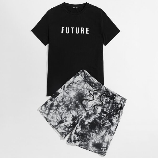 

Men Letter Graphic Tee & Tie Dye Drawstring Shorts Set, Black and white