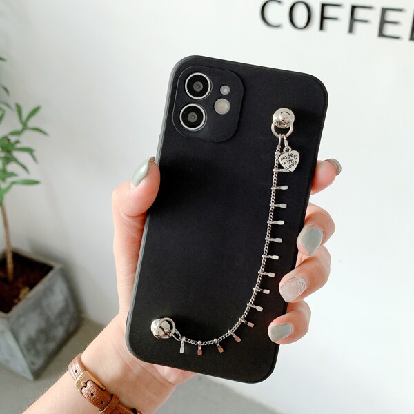 

Heart Pendant Hand Strap Phone Case, Black