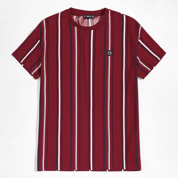 

Men Cartoon Patched Striped Tee, Burgundy