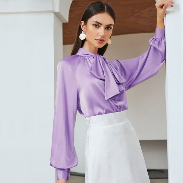 

Tie Neck Lantern Sleeve Satin Top, Lilac purple