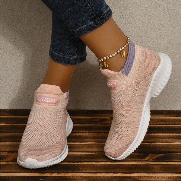 

Letter Graphic Knit Running Shoes, Baby pink