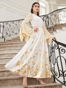 SHEIN Bell Sleeve Gold Floral Print Dress - Multicolor - View 1