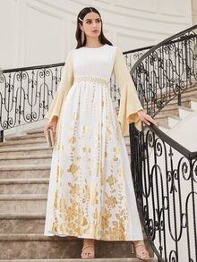 SHEIN Bell Sleeve Gold Floral Print Dress - Multicolor - View 3