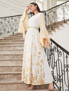 SHEIN Bell Sleeve Gold Floral Print Dress - Multicolor - View 4