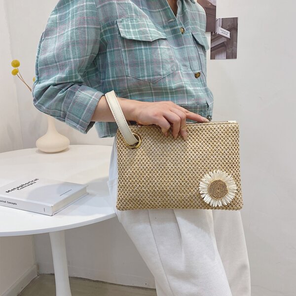 

Floral Decor Straw Bag, Khaki