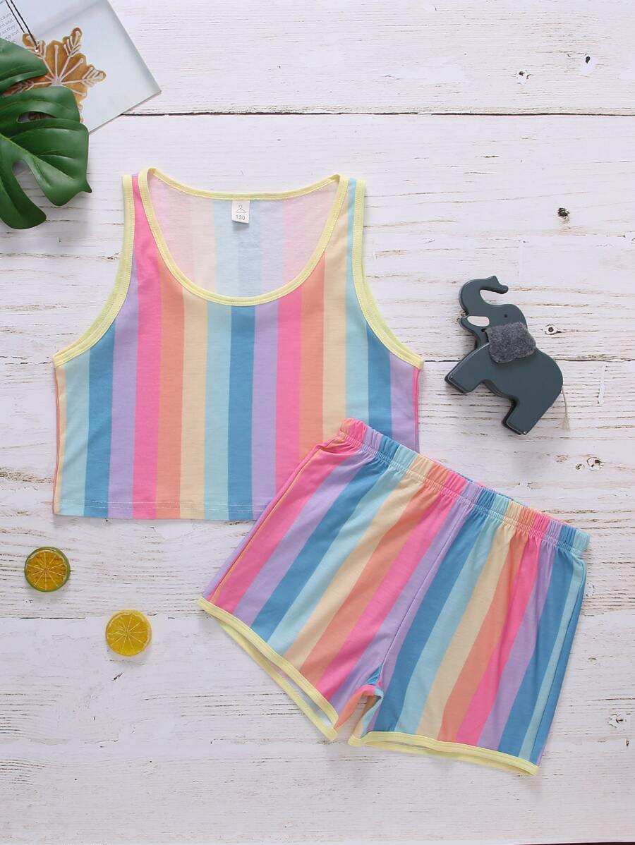 Girls Rainbow Stripe Tank PJ Set - Multicolor - View 1