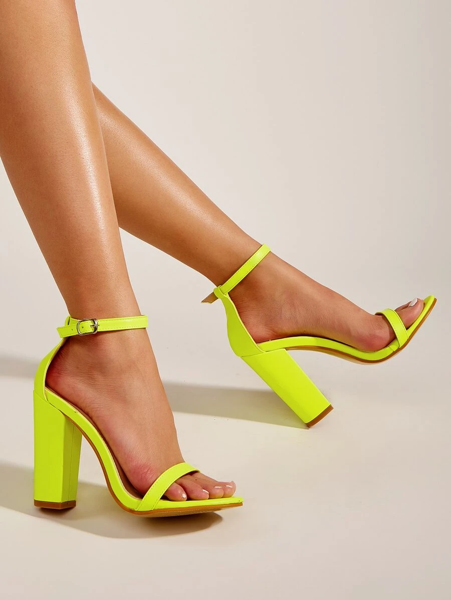 Neon Lime Chunky Heeled Sandals - Yellow - View 1