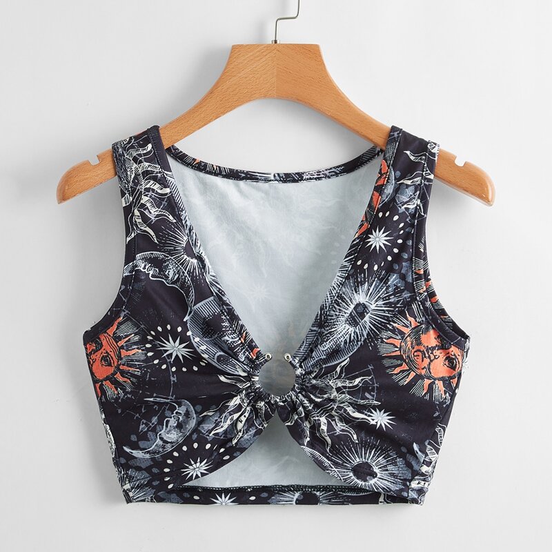 

Sun & Moon Graphic Ring Decor Crop Tank Top, Multicolor