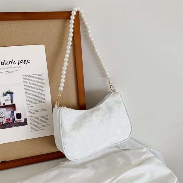 

Lace Panel Faux Pearl Decor Shoulder Bag, White