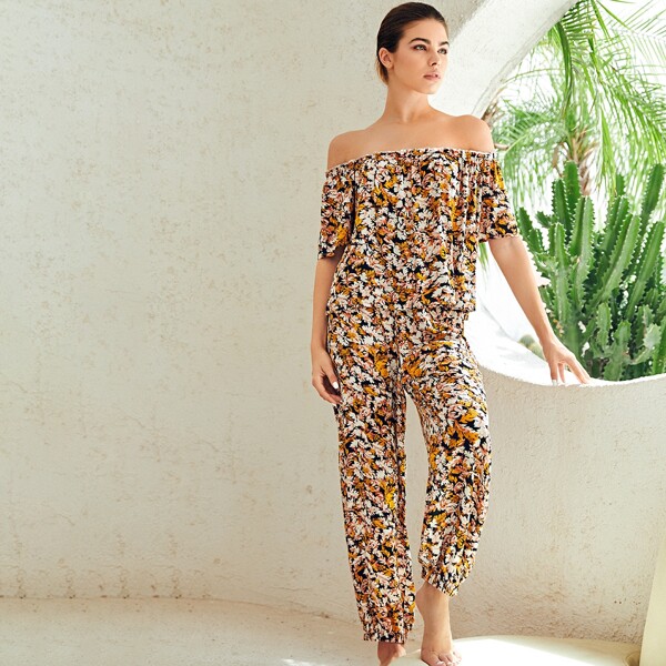 

Allover Floral Off Shoulder Top & Pants Pajama Set, Multicolor