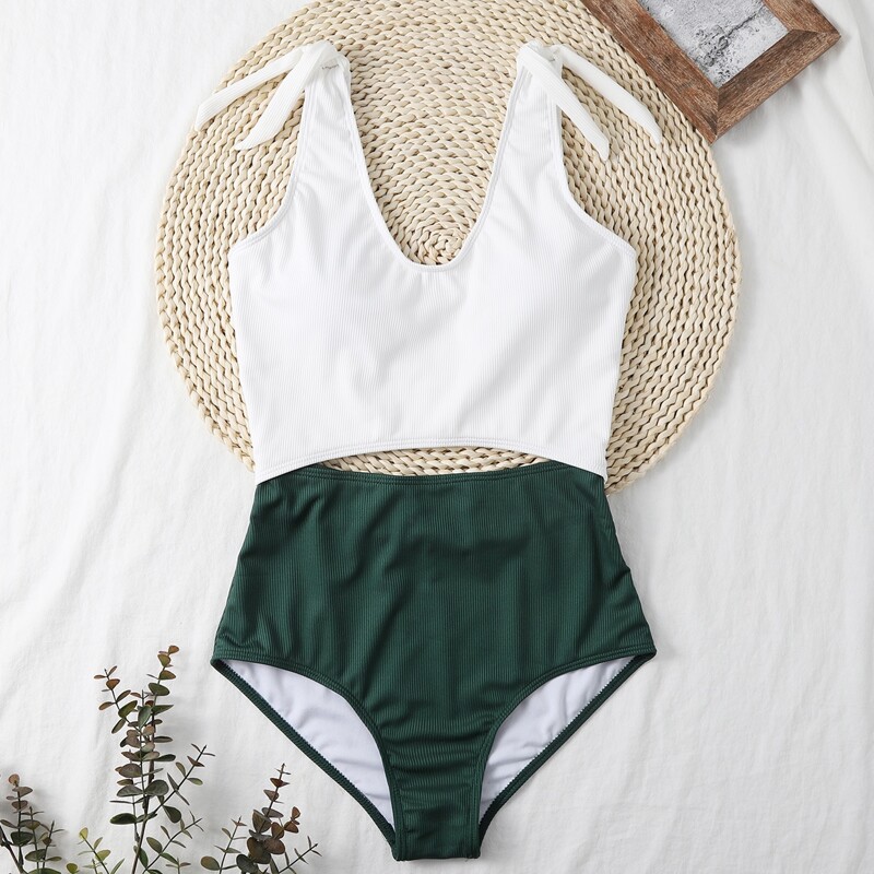 

Color Block Rib Cut-out One Piece Swimsuit, Multicolor