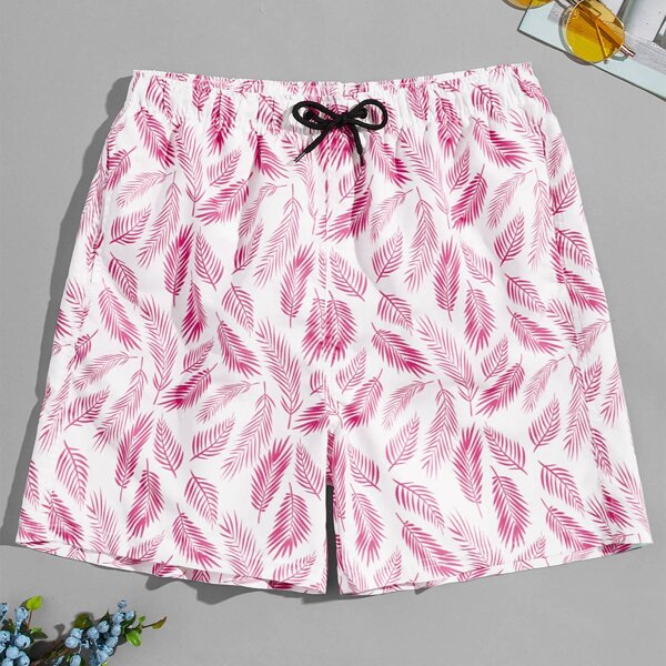 

Men Allover Plants Print Drawstring Swim Trunks, Baby pink