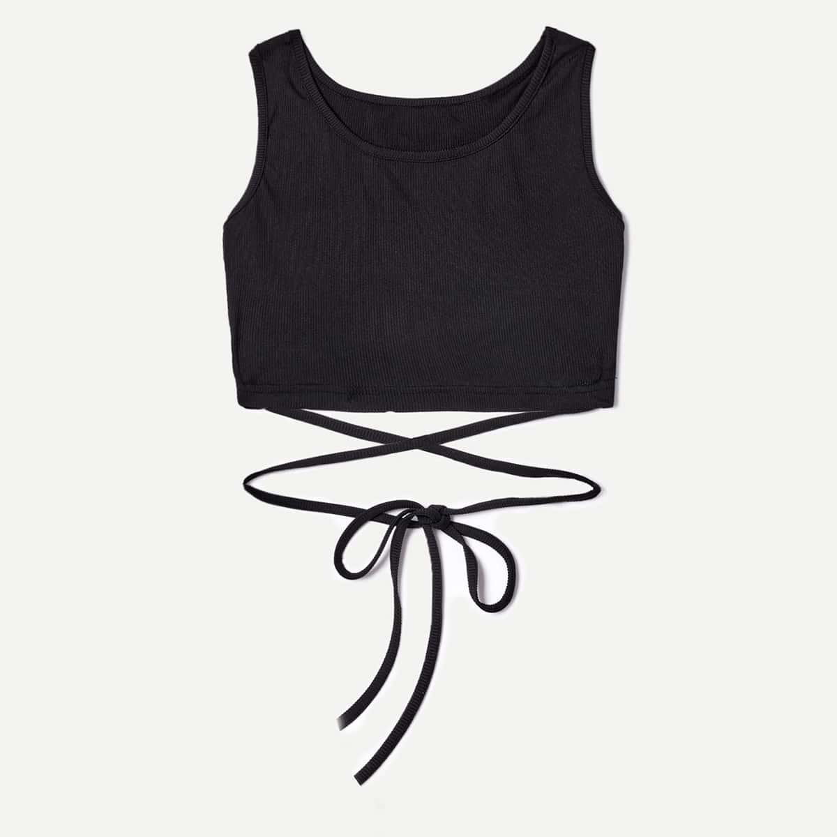 

Solid Criss Cross Ribbed Tank Top, Black