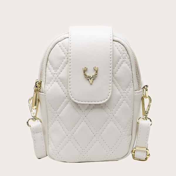 

Metal Decor Quilted Crossbody Bag, White