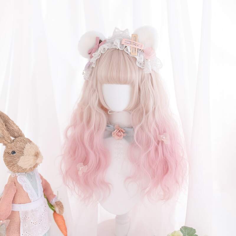 

Ombre Long Curly Wig With Bangs, Baby pink